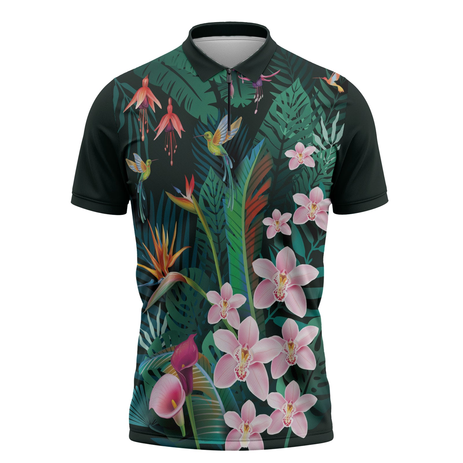 Hawaii Hummingbird Tropical Flowers Zipper Polo Shirt Dark Green LT01 Green - Polynesian Pride