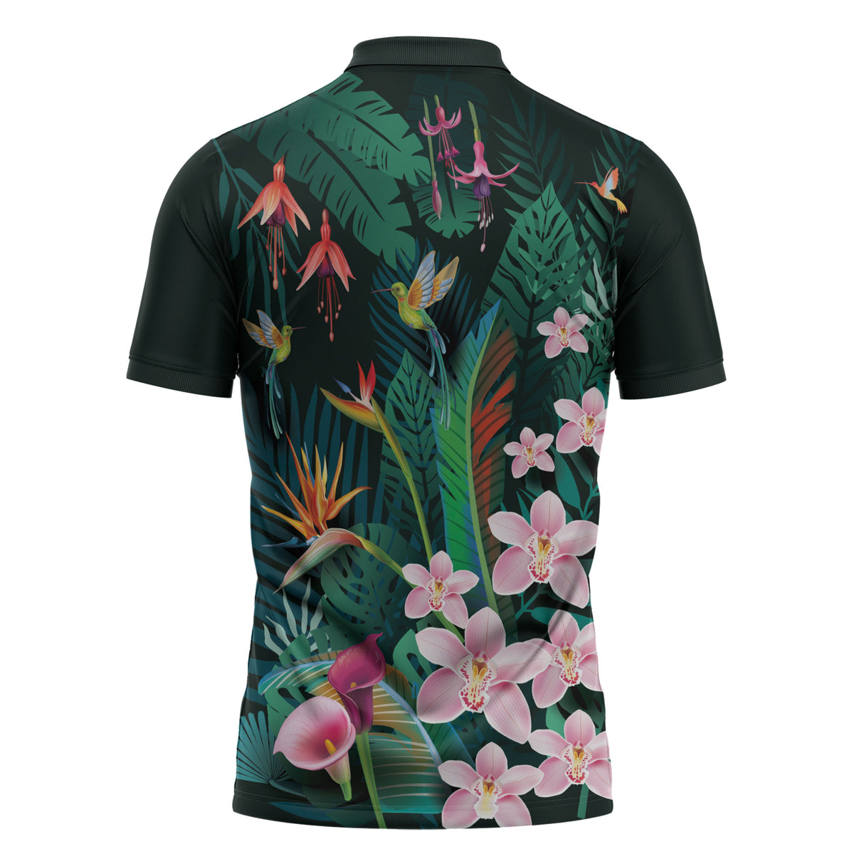 Hawaii Hummingbird Tropical Flowers Zipper Polo Shirt Dark Green LT01 - Polynesian Pride