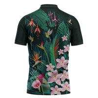 Hawaii Hummingbird Tropical Flowers Zipper Polo Shirt Dark Green LT01 - Polynesian Pride