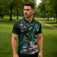 Hawaii Hummingbird Tropical Flowers Zipper Polo Shirt Dark Green LT01 - Polynesian Pride