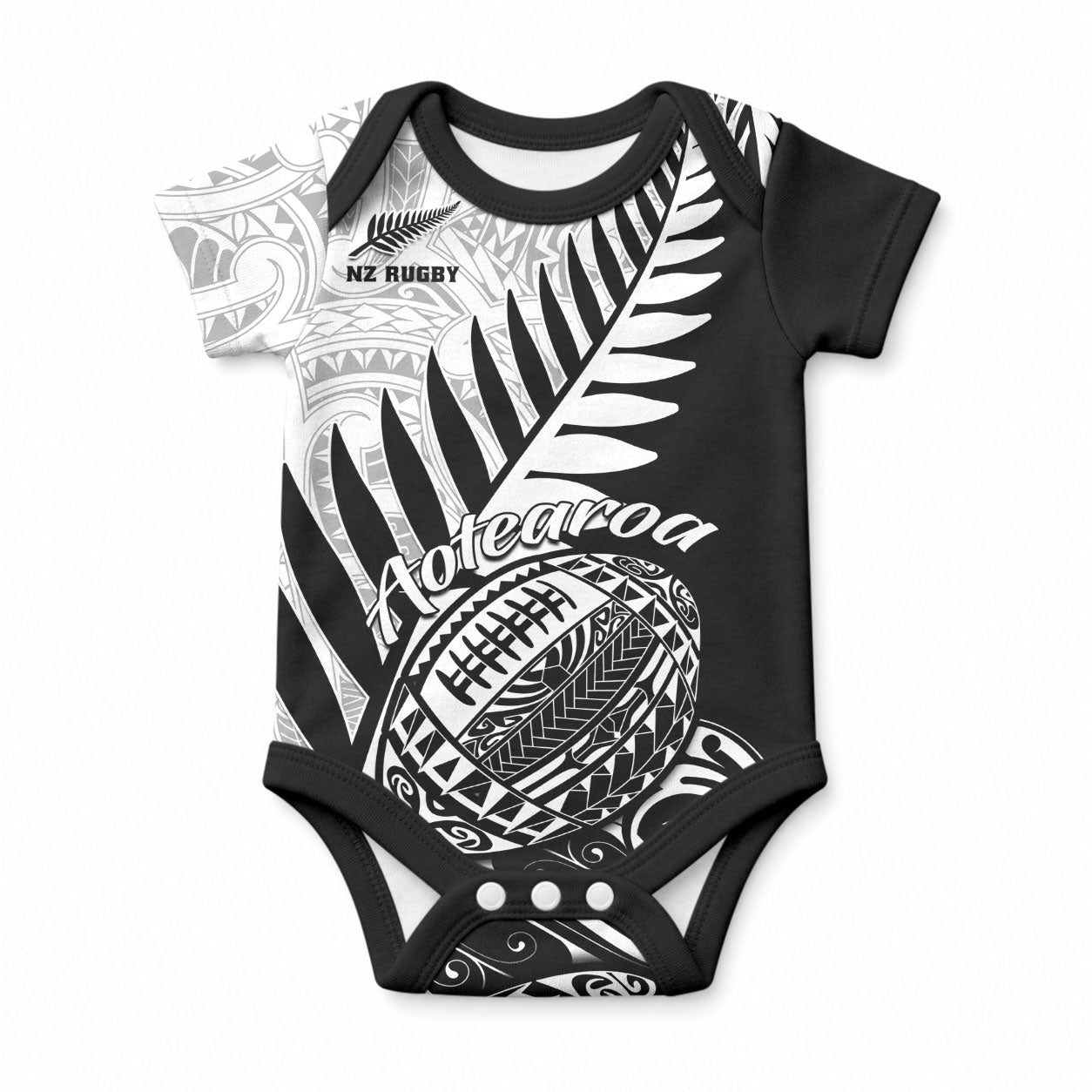 New Zealand Silver Fern Rugby Baby Onesie Aotearoa Maori Black Version