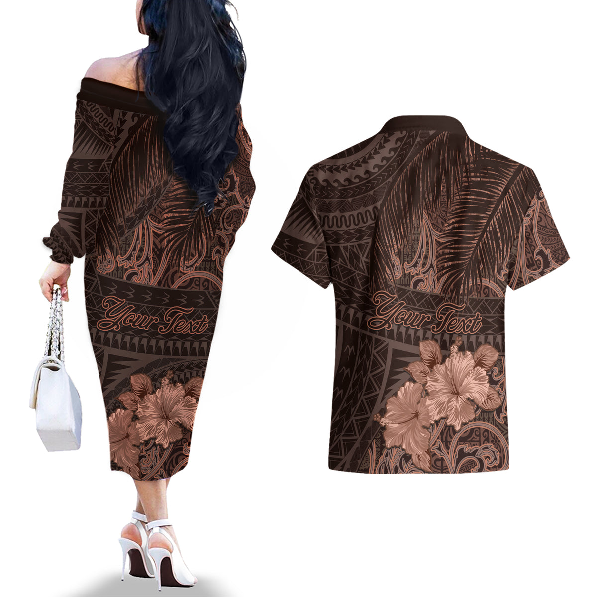 Bula Fiji Masi Couples Matching Off The Shoulder Long Sleeve Dress and Hawaiian Shirt Fijian Tapa Vintage Dark Brown Version LT01 - Polynesian Pride