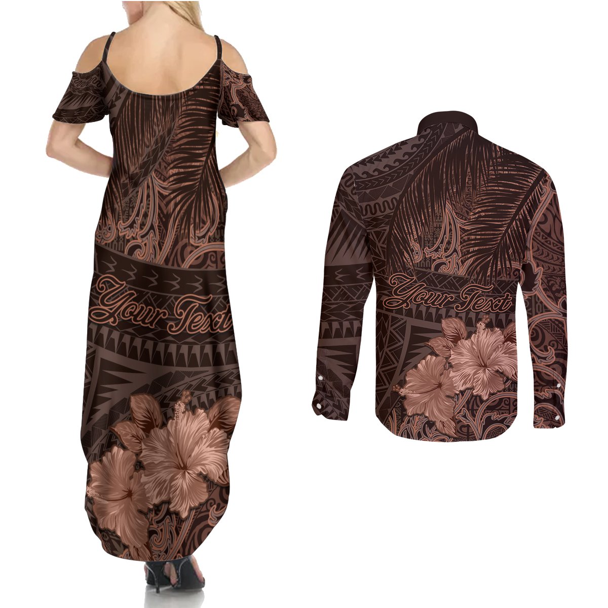 Bula Fiji Masi Couples Matching Summer Maxi Dress and Long Sleeve Button Shirt Fijian Tapa Vintage Dark Brown Version LT01 - Polynesian Pride