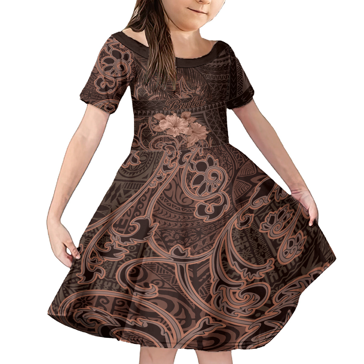 Bula Fiji Masi Family Matching Tank Maxi Dress and Hawaiian Shirt Fijian Tapa Vintage Dark Brown Version LT01 Daughter's Dress Brown - Polynesian Pride