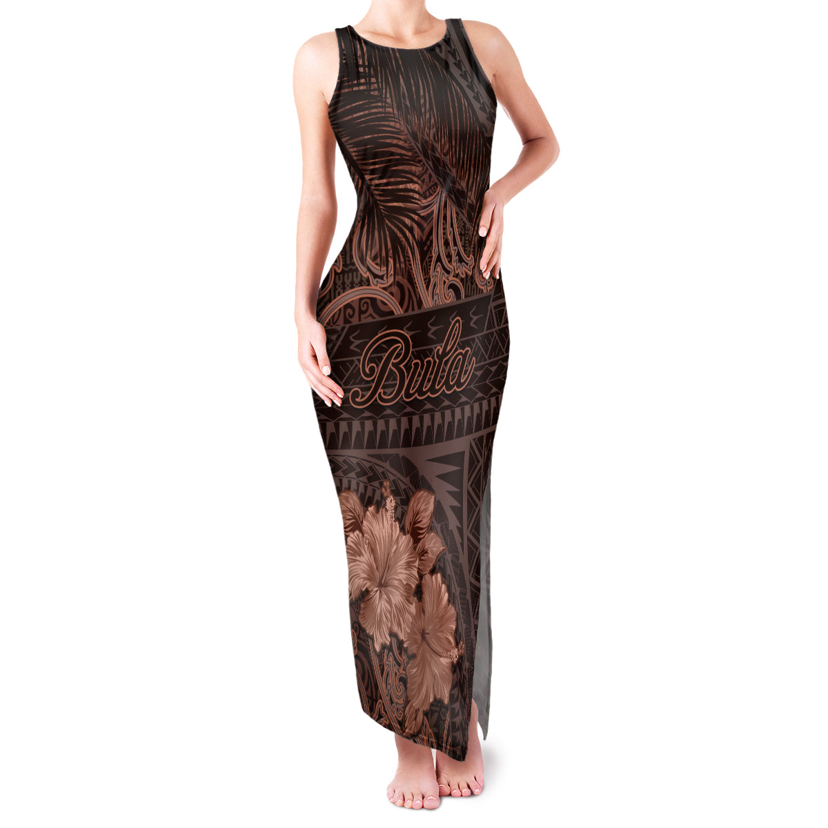 Bula Fiji Masi Family Matching Tank Maxi Dress and Hawaiian Shirt Fijian Tapa Vintage Dark Brown Version LT01 Mom's Dress Brown - Polynesian Pride