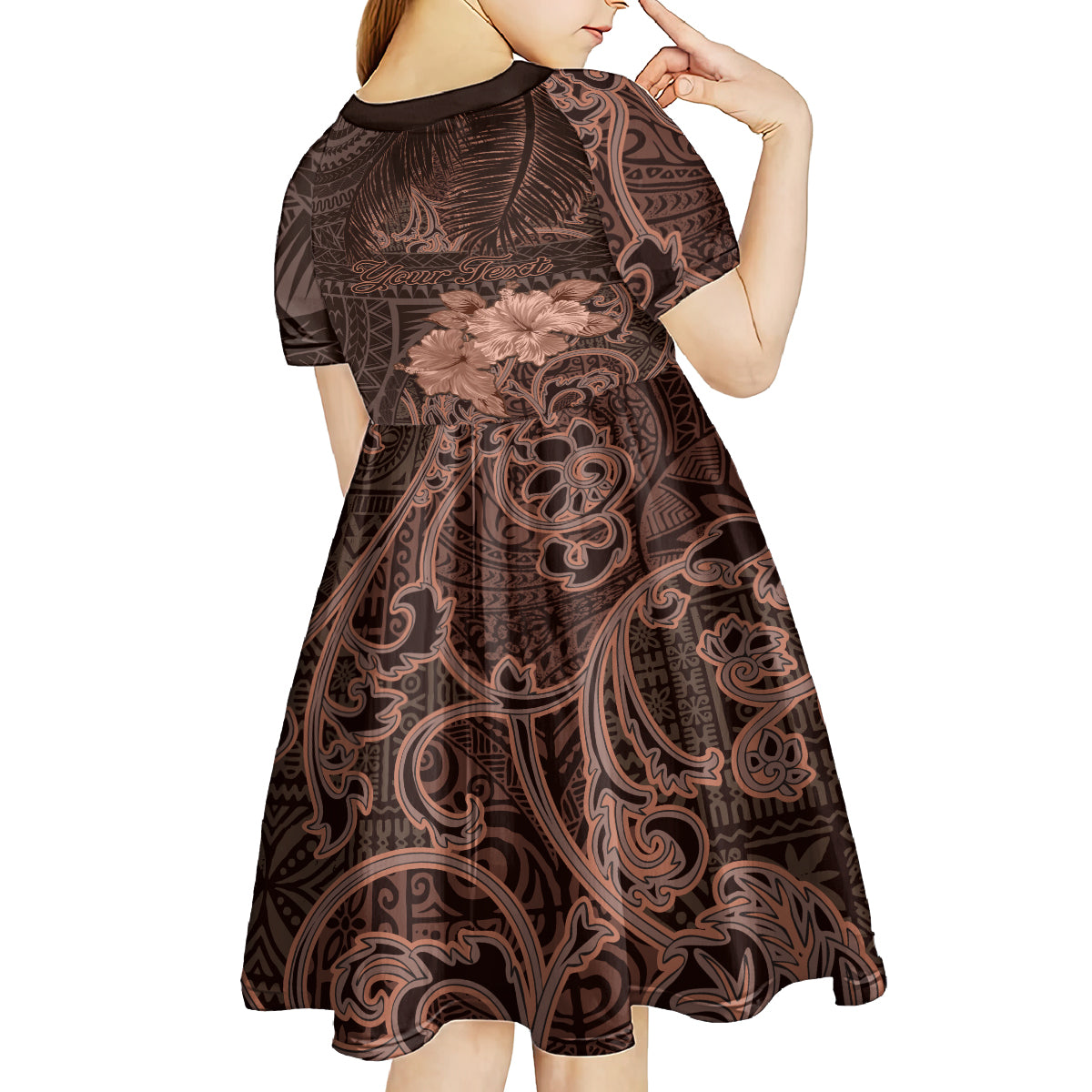 Bula Fiji Masi Kid Short Sleeve Dress Fijian Tapa Vintage Dark Brown Version LT01 - Polynesian Pride