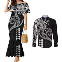 Hawaii Valentine Couples Matching Mermaid Dress and Long Sleeve Button Shirt Kakau Polynesian Heart LT01 Black - Polynesian Pride