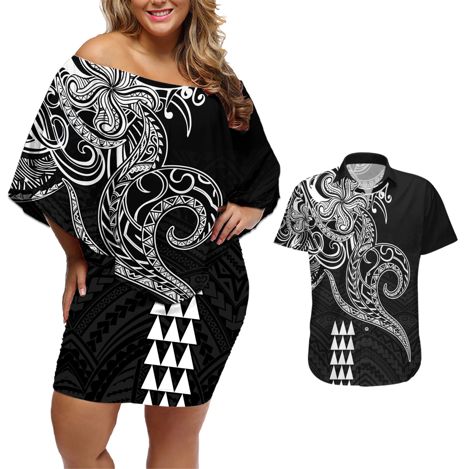 Hawaii Valentine Couples Matching Off Shoulder Short Dress and Hawaiian Shirt Kakau Polynesian Heart LT01 Black - Polynesian Pride
