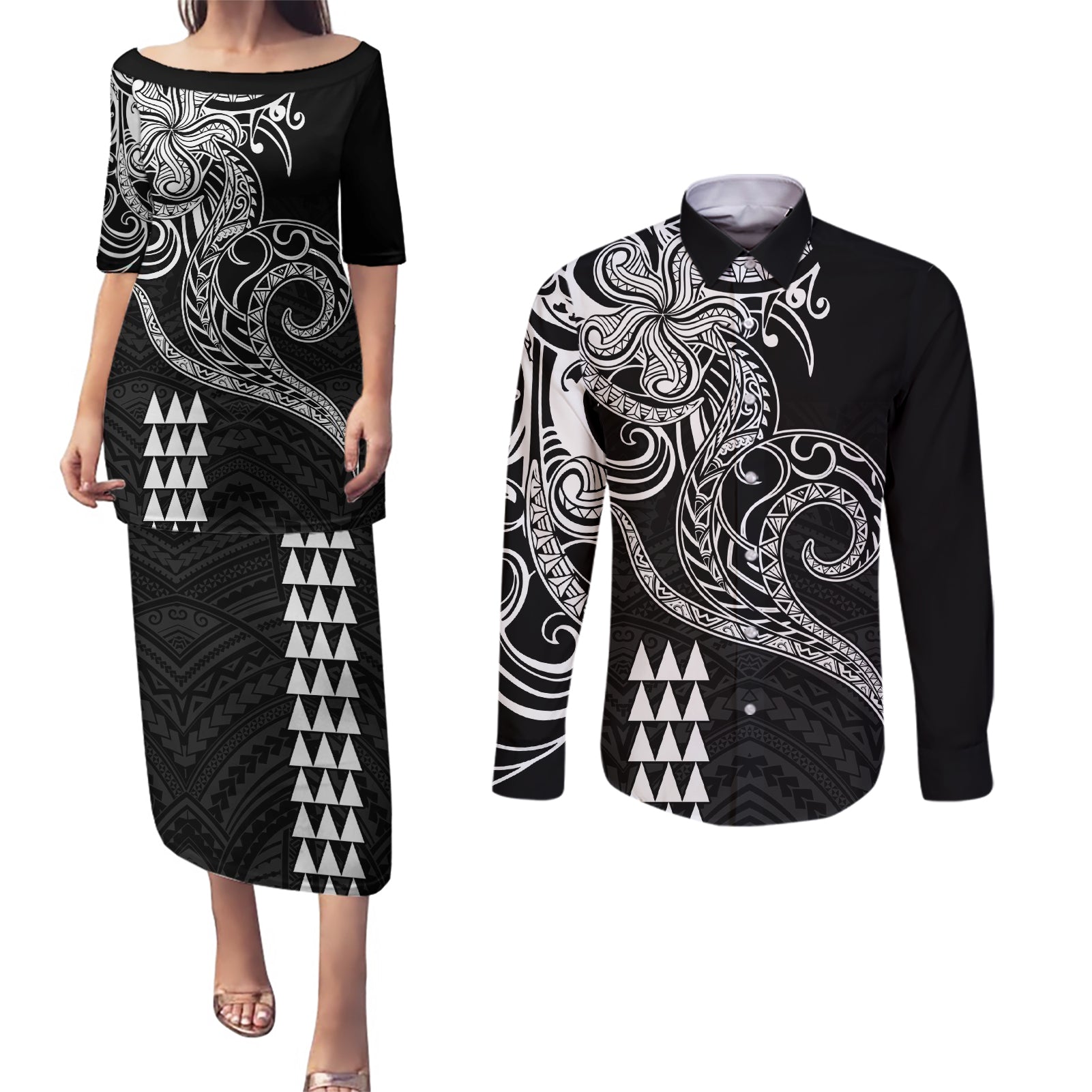 Hawaii Valentine Couples Matching Puletasi Dress and Long Sleeve Button Shirt Kakau Polynesian Heart LT01 Black - Polynesian Pride