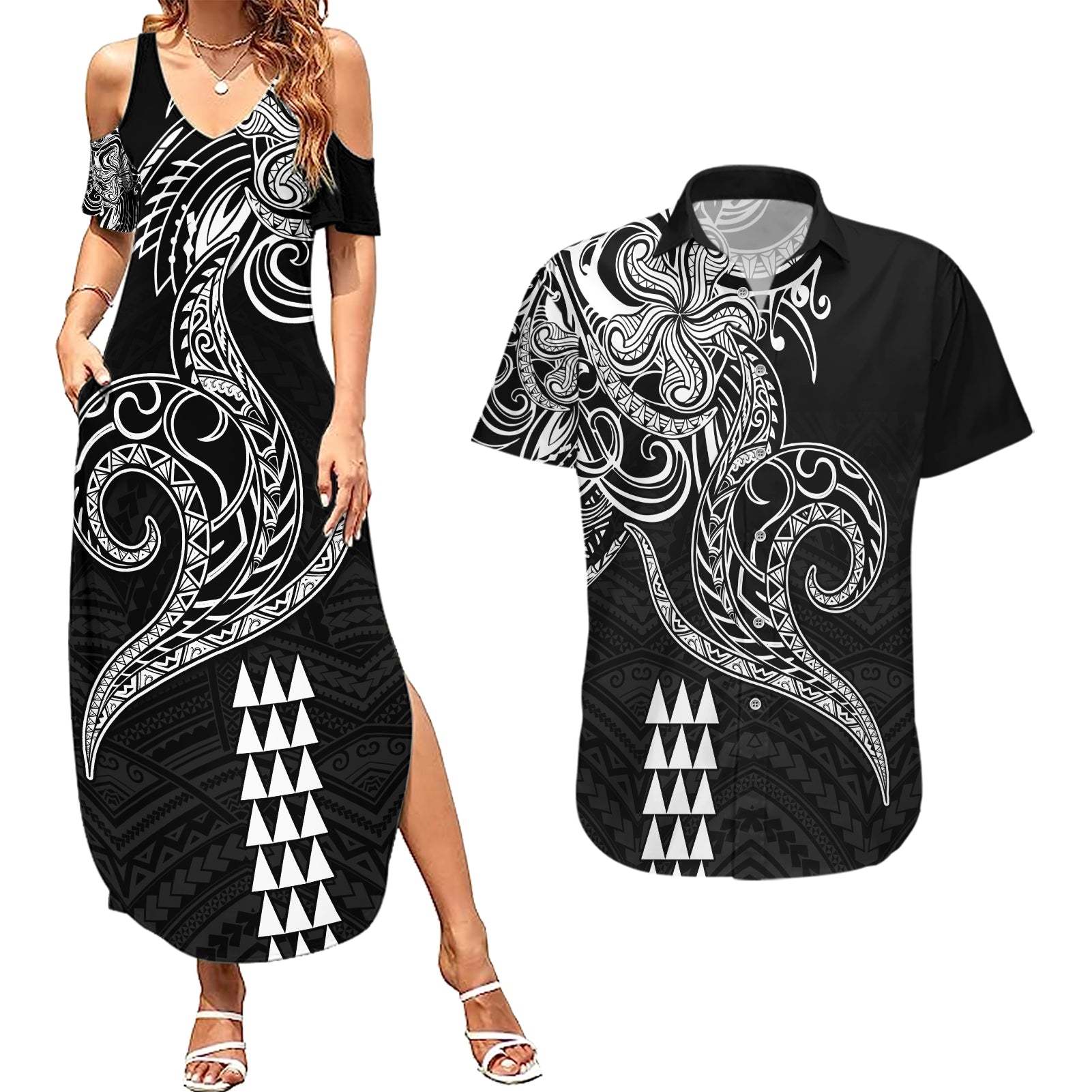 Hawaii Valentine Couples Matching Summer Maxi Dress and Hawaiian Shirt Kakau Polynesian Heart LT01 Black - Polynesian Pride