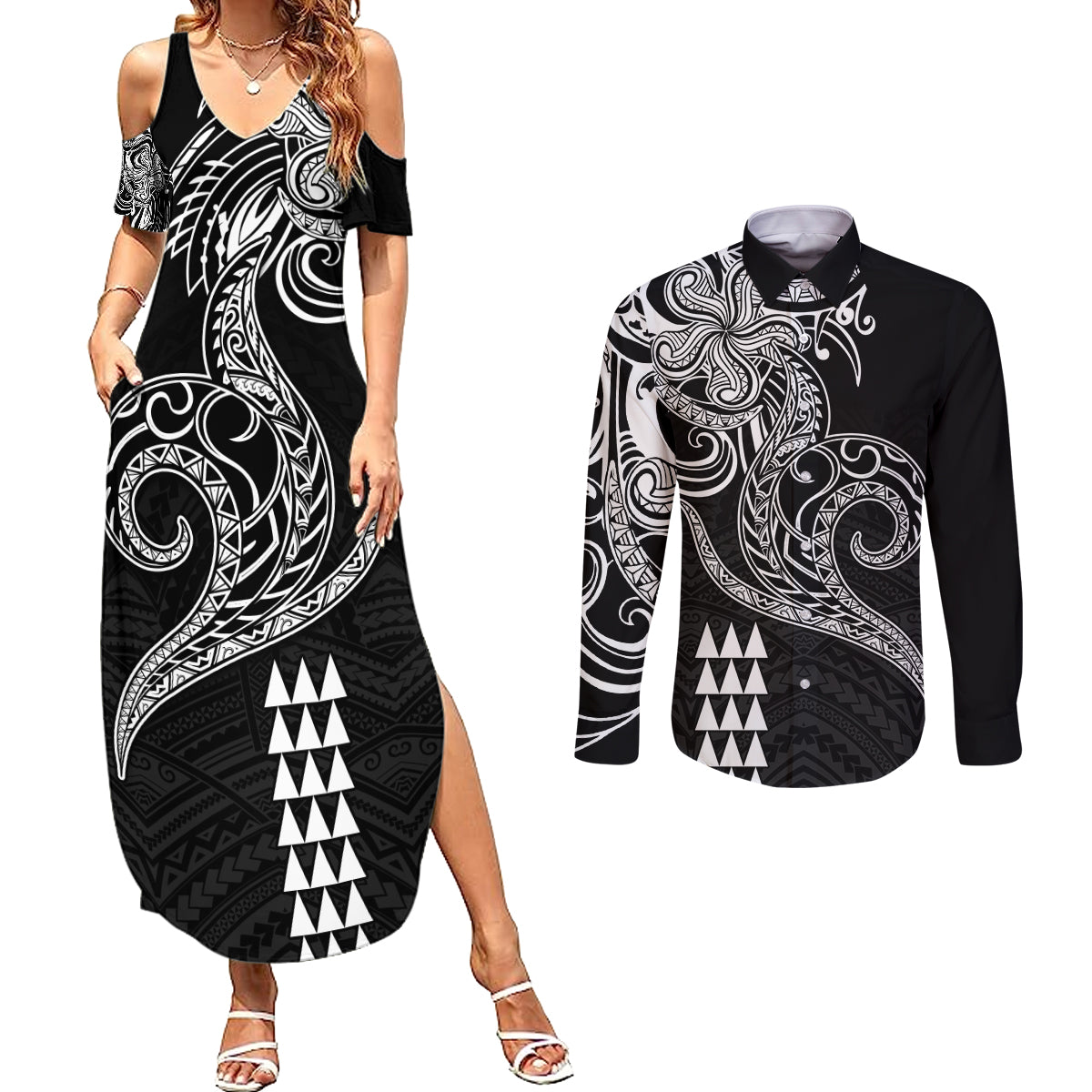 Hawaii Valentine Couples Matching Summer Maxi Dress and Long Sleeve Button Shirt Kakau Polynesian Heart LT01 Black - Polynesian Pride