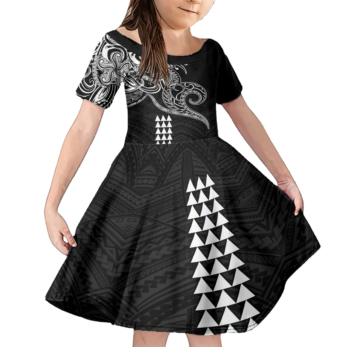 Hawaii Valentine Family Matching Short Sleeve Bodycon Dress and Hawaiian Shirt Kakau Polynesian Heart LT01 Daughter's Dress Black - Polynesian Pride