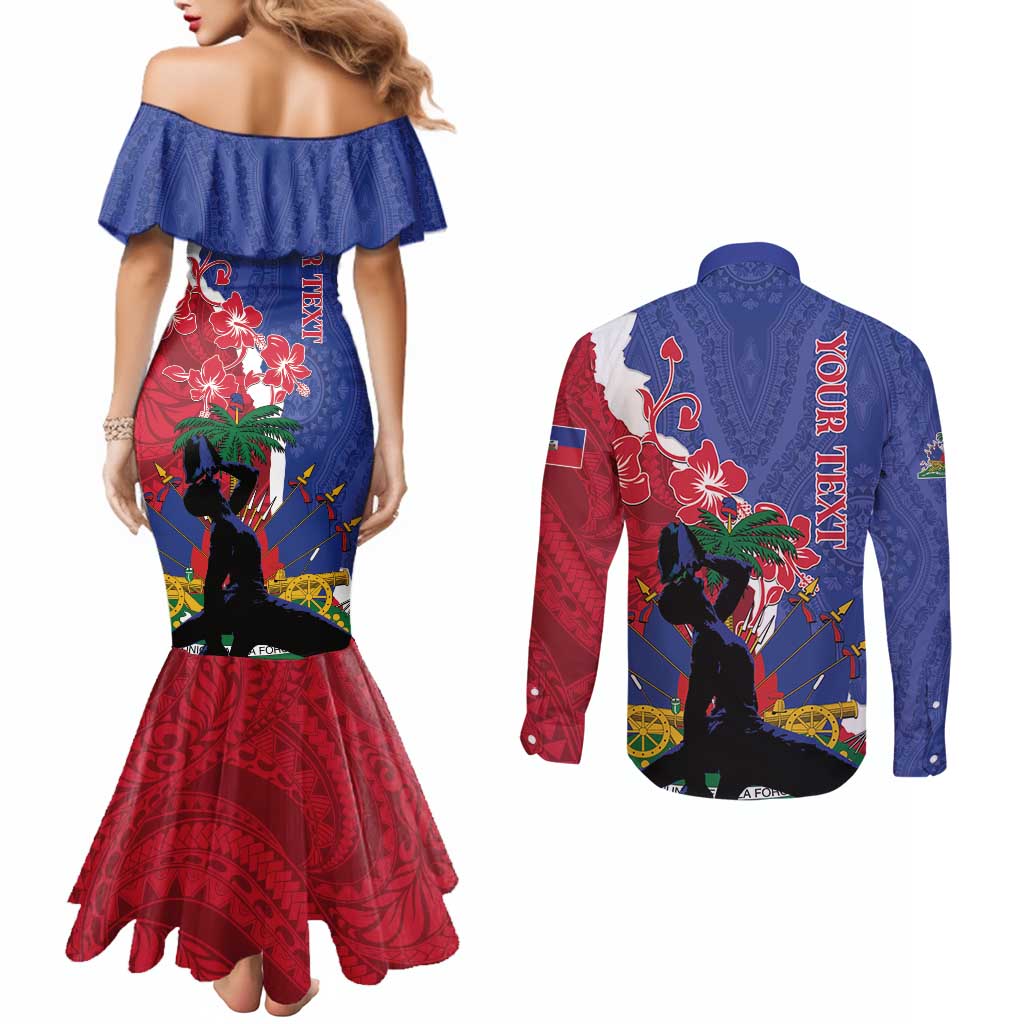 Personalised Haiti Le Marron Inconnu Couples Matching Mermaid Dress and Long Sleeve Button Shirt Dashiki Mix Polynesian Pattern