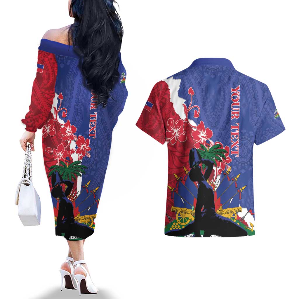 Personalised Haiti Le Marron Inconnu Couples Matching Off The Shoulder Long Sleeve Dress and Hawaiian Shirt Dashiki Mix Polynesian Pattern