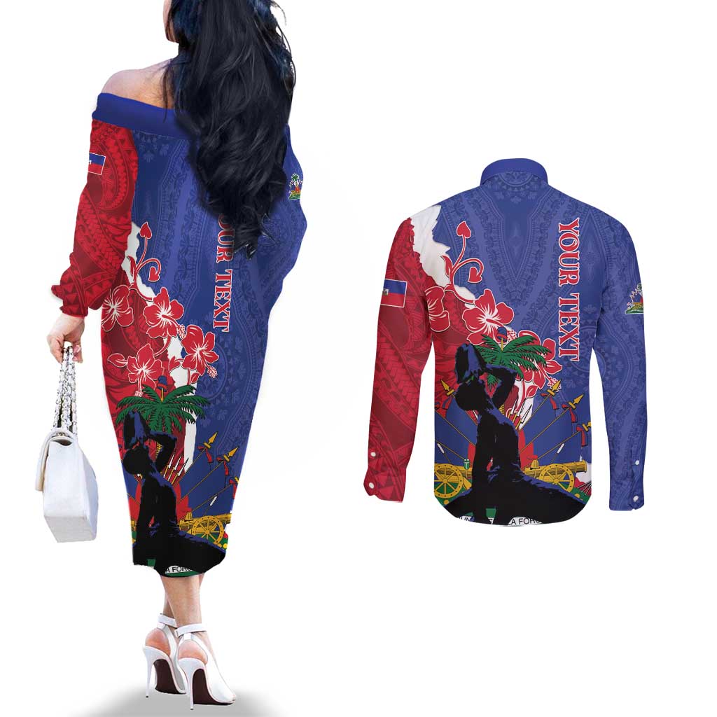 Personalised Haiti Le Marron Inconnu Couples Matching Off The Shoulder Long Sleeve Dress and Long Sleeve Button Shirt Dashiki Mix Polynesian Pattern