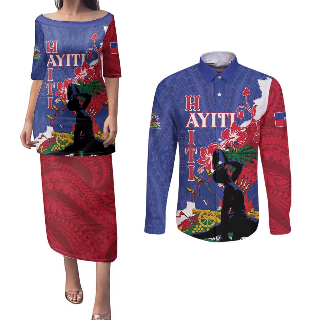 Personalised Haiti Le Marron Inconnu Couples Matching Puletasi and Long Sleeve Button Shirt Dashiki Mix Polynesian Pattern