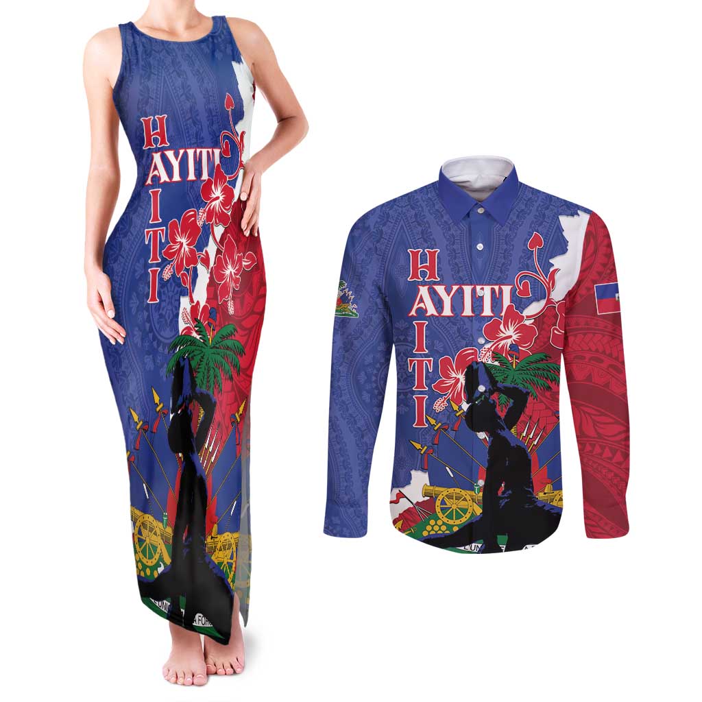Personalised Haiti Le Marron Inconnu Couples Matching Tank Maxi Dress and Long Sleeve Button Shirt Dashiki Mix Polynesian Pattern