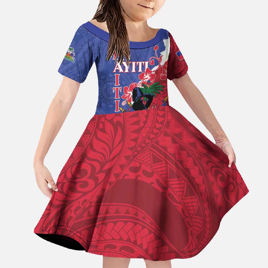 Personalised Haiti Le Marron Inconnu Family Matching Long Sleeve Bodycon Dress and Hawaiian Shirt Dashiki Mix Polynesian Pattern LT01 Daughter's Dress Blue - Polynesian Pride