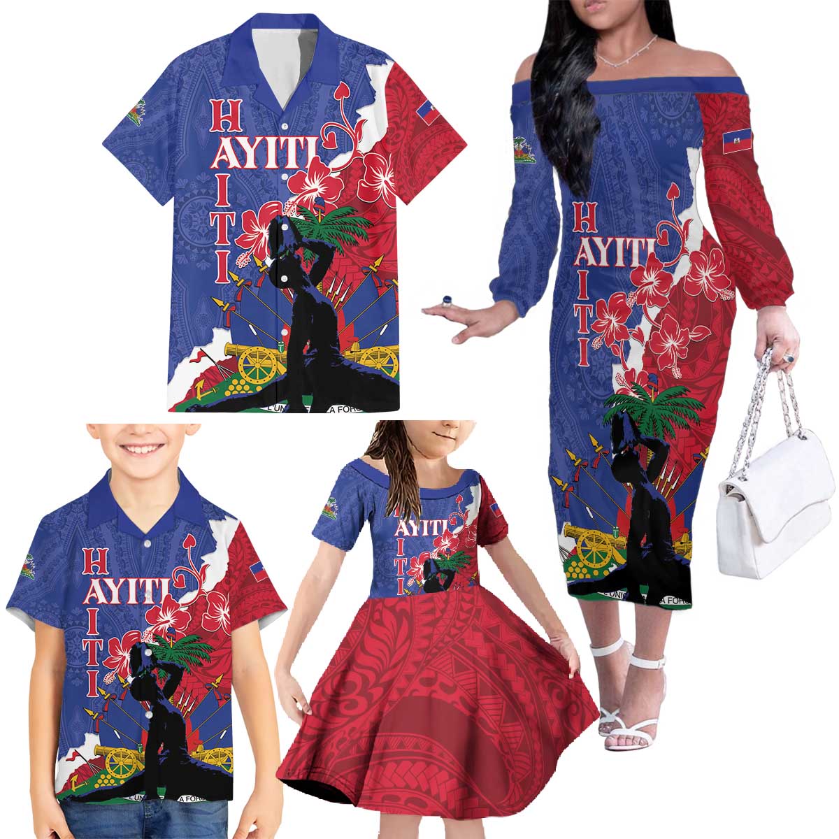 Personalised Haiti Le Marron Inconnu Family Matching Off The Shoulder Long Sleeve Dress and Hawaiian Shirt Dashiki Mix Polynesian Pattern LT01 - Polynesian Pride