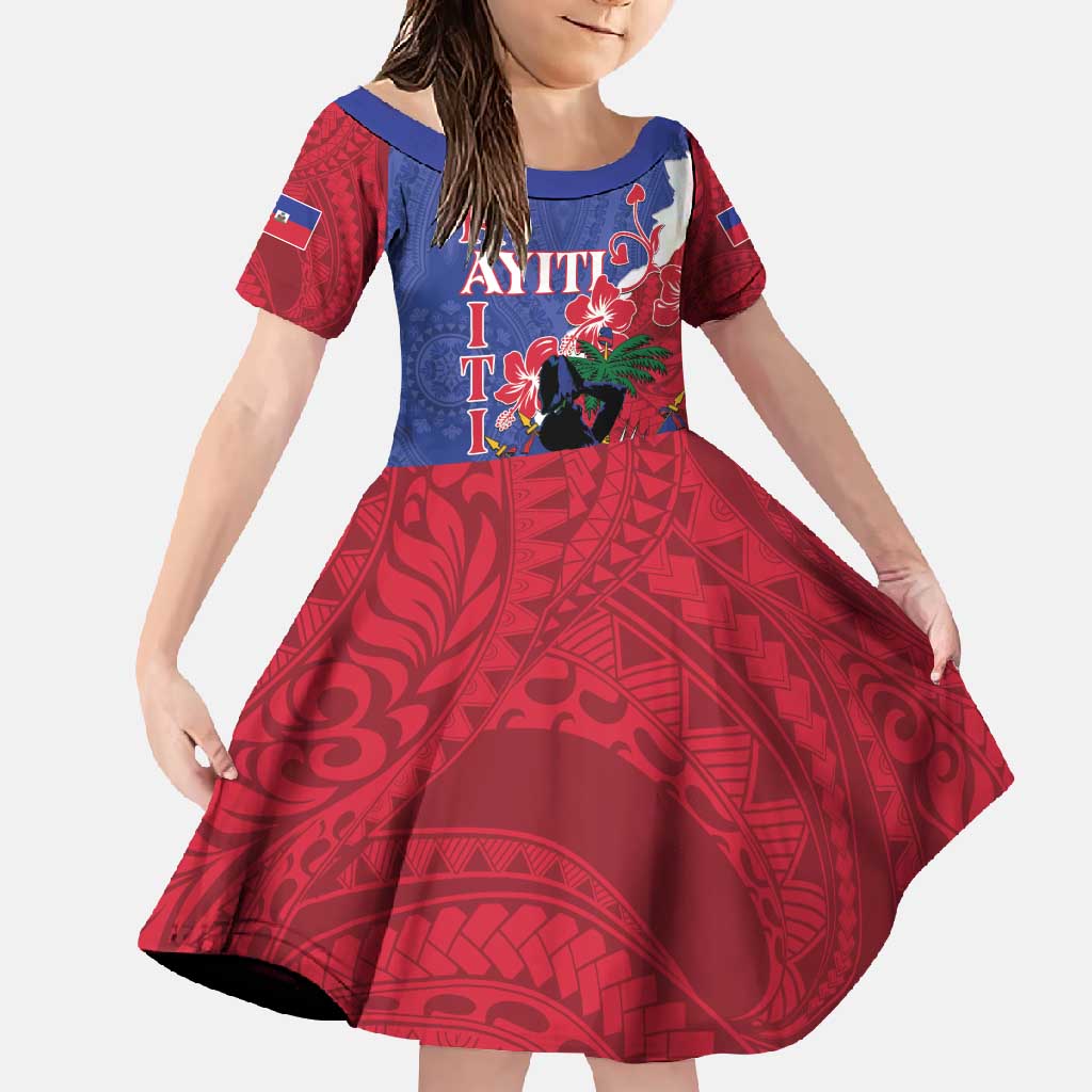 Personalised Haiti Le Marron Inconnu Family Matching Off Shoulder Maxi Dress and Hawaiian Shirt Dashiki Mix Polynesian Pattern LT01 Daughter's Dress Blue - Polynesian Pride