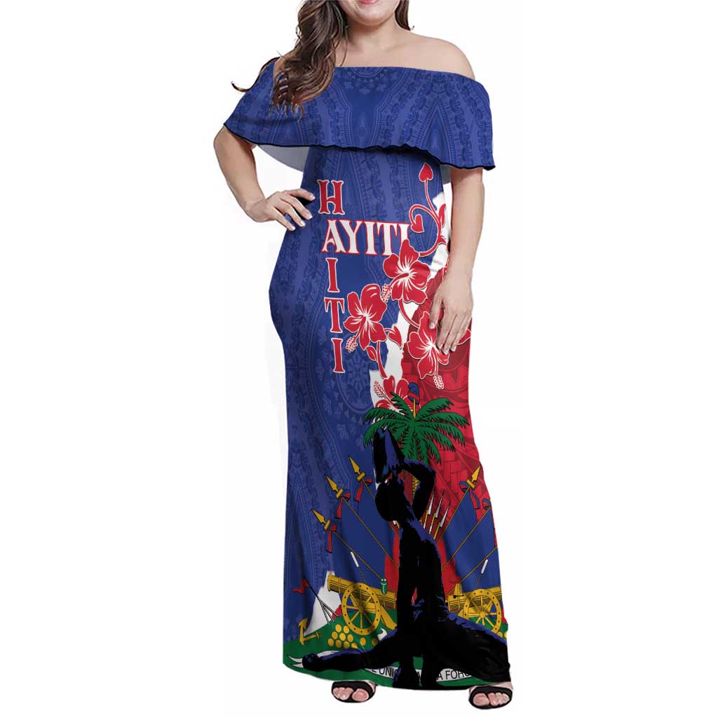 Personalised Haiti Le Marron Inconnu Family Matching Off Shoulder Maxi Dress and Hawaiian Shirt Dashiki Mix Polynesian Pattern LT01 Mom's Dress Blue - Polynesian Pride