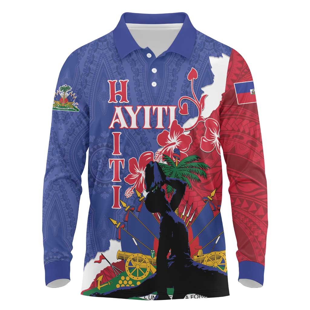 Personalised Haiti Le Marron Inconnu Long Sleeve Polo Shirt Dashiki Mix Polynesian Pattern LT01 Blue - Polynesian Pride