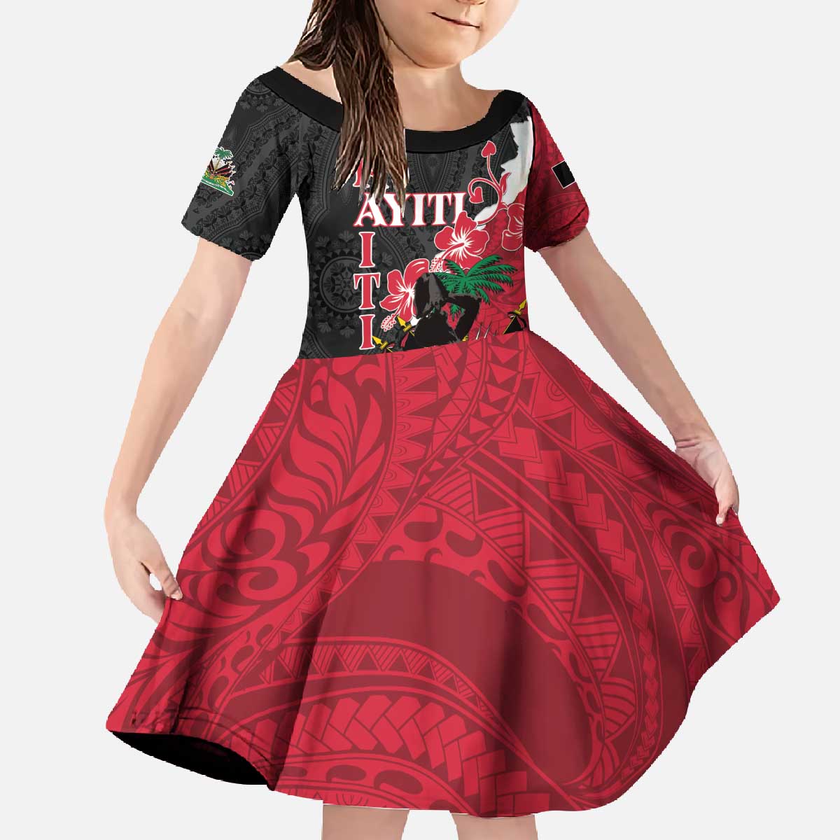 Personalised Ayiti Neg Marron Family Matching Off The Shoulder Long Sleeve Dress and Hawaiian Shirt Dashiki Mix Polynesian Pattern LT01 Daughter's Dress Black - Polynesian Pride