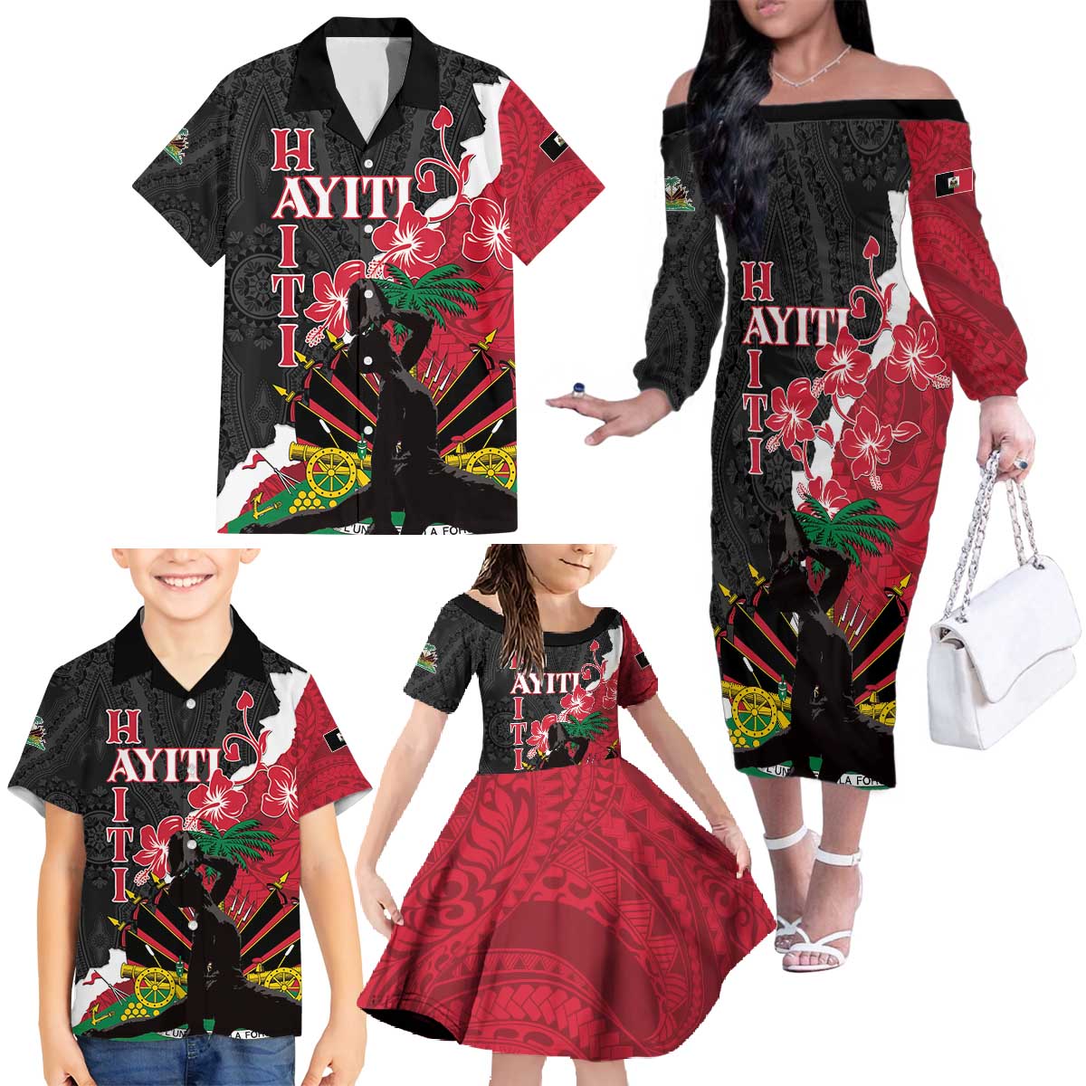 Personalised Ayiti Neg Marron Family Matching Off The Shoulder Long Sleeve Dress and Hawaiian Shirt Dashiki Mix Polynesian Pattern LT01 - Polynesian Pride
