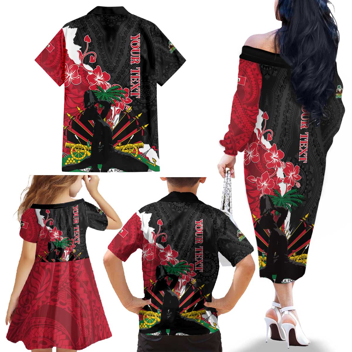 Personalised Ayiti Neg Marron Family Matching Off The Shoulder Long Sleeve Dress and Hawaiian Shirt Dashiki Mix Polynesian Pattern LT01 - Polynesian Pride