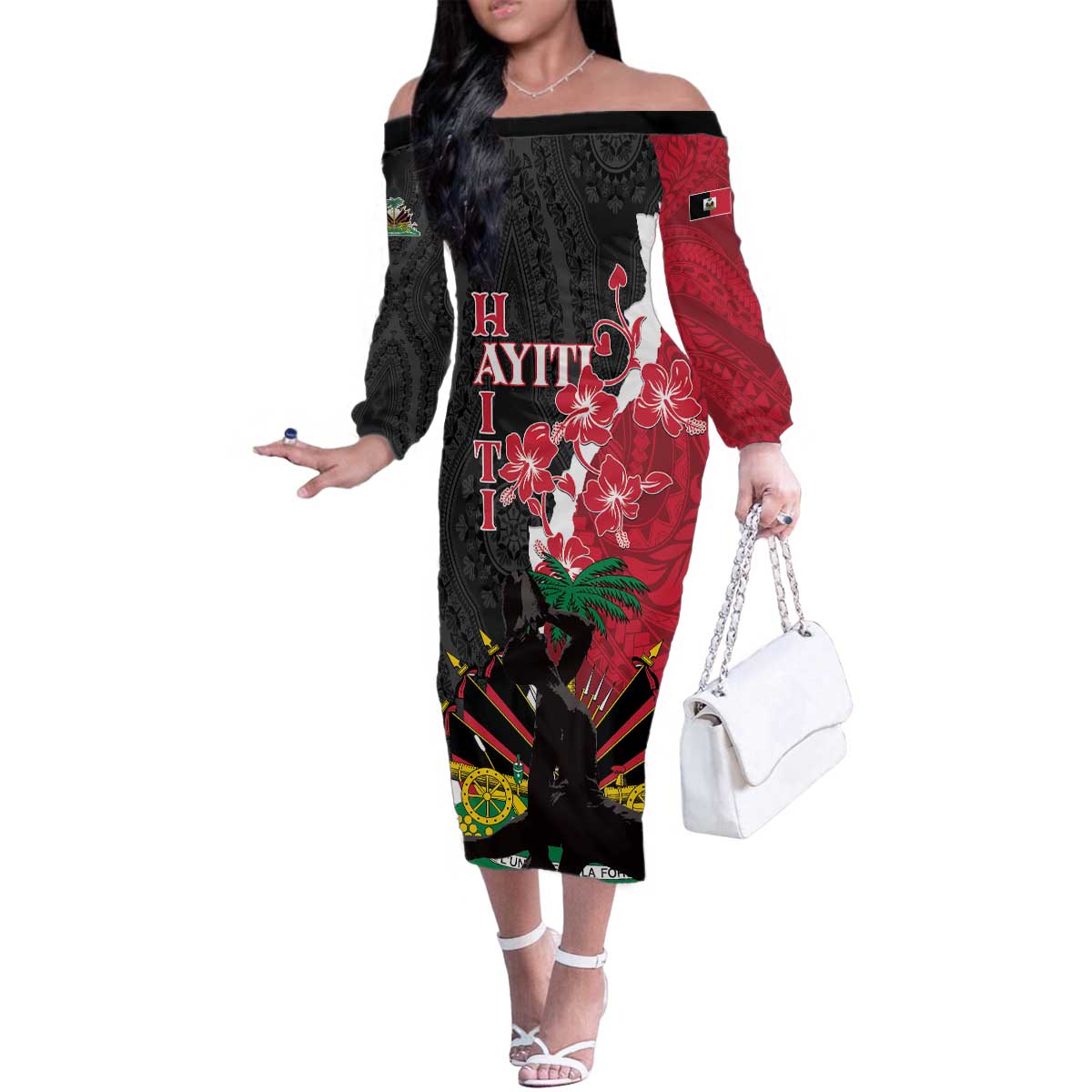 Personalised Ayiti Neg Marron Family Matching Off The Shoulder Long Sleeve Dress and Hawaiian Shirt Dashiki Mix Polynesian Pattern LT01 Mom's Dress Black - Polynesian Pride