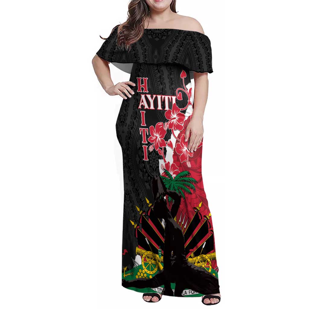Personalised Ayiti Neg Marron Family Matching Off Shoulder Maxi Dress and Hawaiian Shirt Dashiki Mix Polynesian Pattern LT01 Mom's Dress Black - Polynesian Pride
