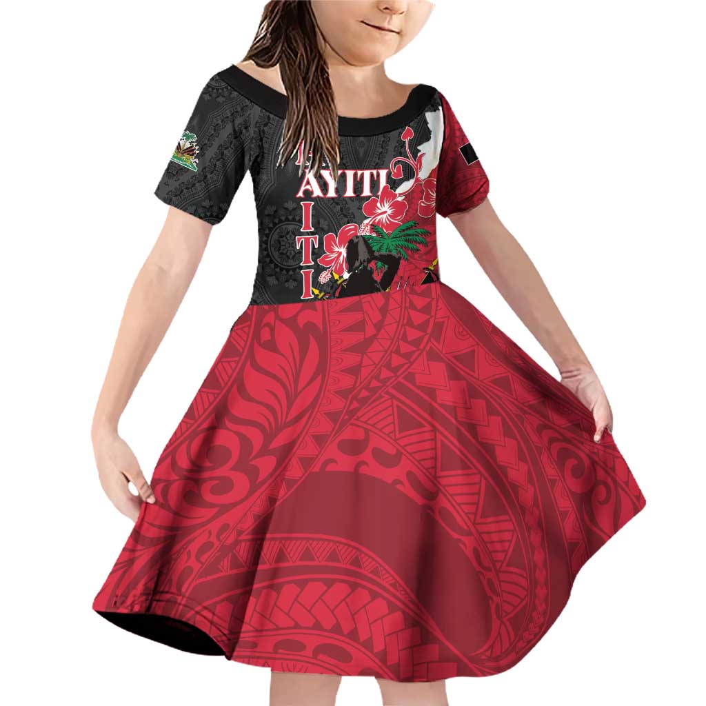 Personalised Ayiti Neg Marron Family Matching Off Shoulder Short Dress and Hawaiian Shirt Dashiki Mix Polynesian Pattern LT01 Daughter's Dress Black - Polynesian Pride