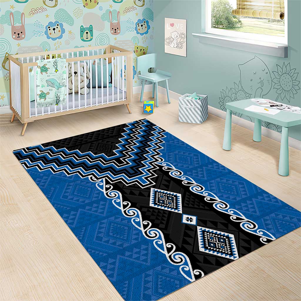 Blue Niho Taniwha Mix Poutama Area Rug Unique Taniko Aotearoa