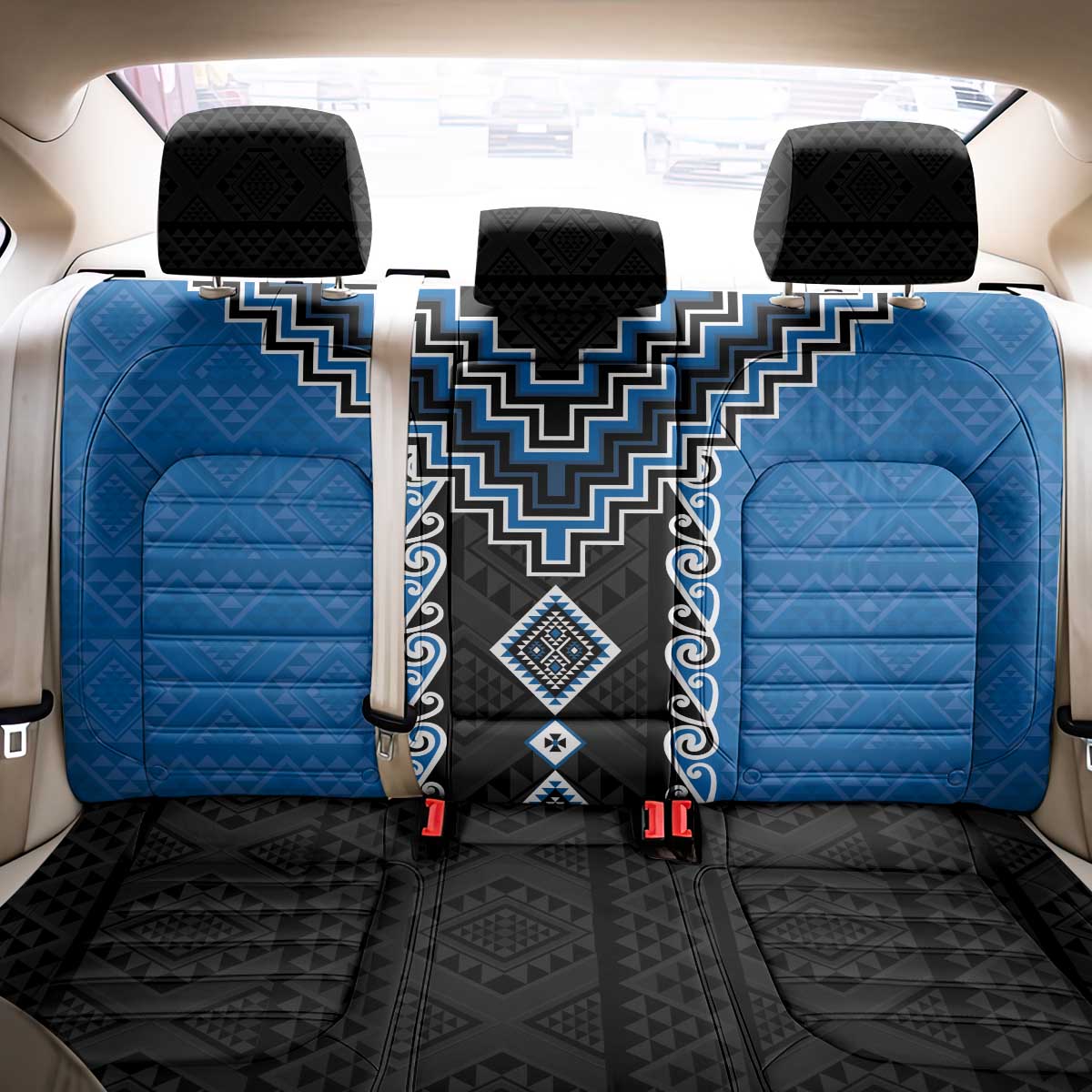 Blue Niho Taniwha Mix Poutama Back Car Seat Cover Unique Taniko Aotearoa