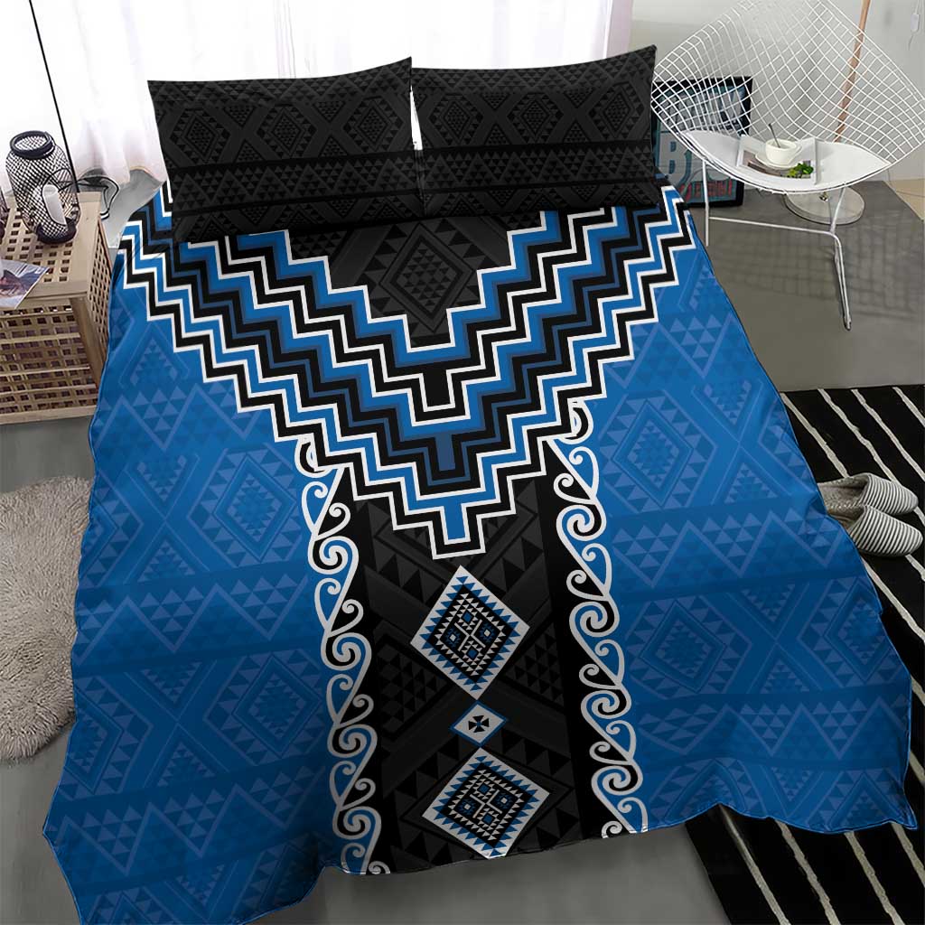 Blue Niho Taniwha Mix Poutama Bedding Set Unique Taniko Aotearoa