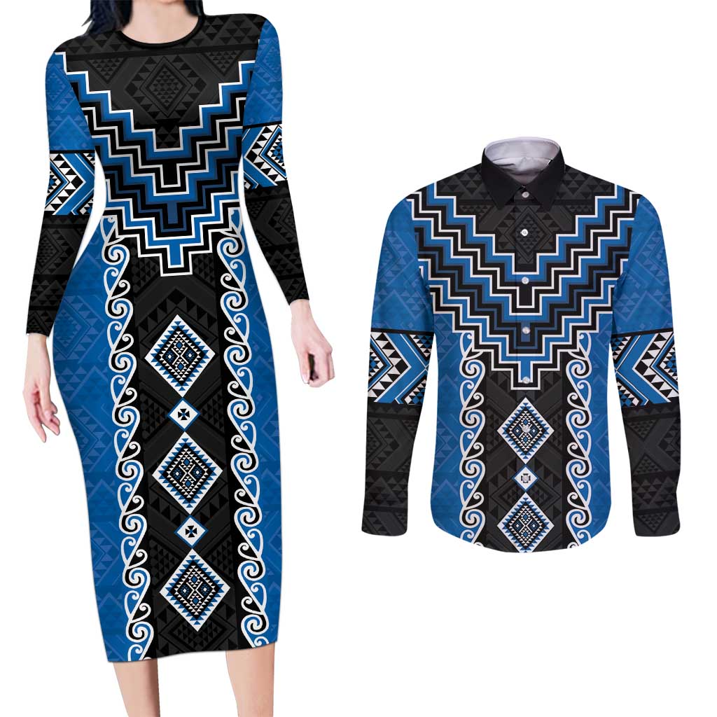 Blue Niho Taniwha Mix Poutama Couples Matching Long Sleeve Bodycon Dress and Long Sleeve Button Shirt Unique Taniko Aotearoa LT01 Blue - Polynesian Pride