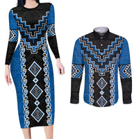 Blue Niho Taniwha Mix Poutama Couples Matching Long Sleeve Bodycon Dress and Long Sleeve Button Shirt Unique Taniko Aotearoa LT01 Blue - Polynesian Pride