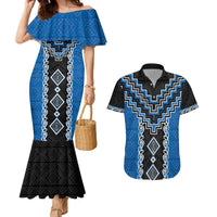 Blue Niho Taniwha Mix Poutama Couples Matching Mermaid Dress and Hawaiian Shirt Unique Taniko Aotearoa LT01 Blue - Polynesian Pride