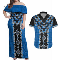 Blue Niho Taniwha Mix Poutama Couples Matching Off Shoulder Maxi Dress and Hawaiian Shirt Unique Taniko Aotearoa LT01 Blue - Polynesian Pride