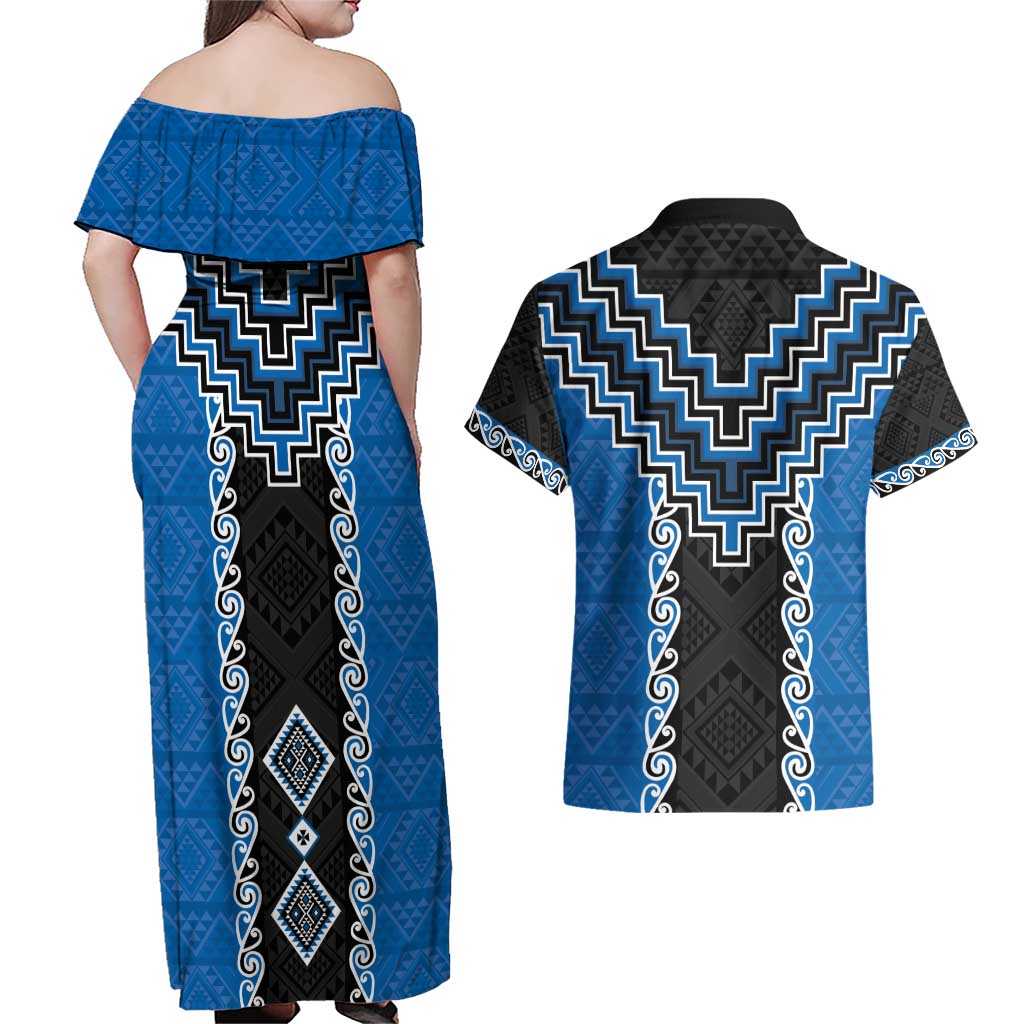 Blue Niho Taniwha Mix Poutama Couples Matching Off Shoulder Maxi Dress and Hawaiian Shirt Unique Taniko Aotearoa LT01 - Polynesian Pride