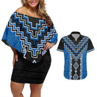 Blue Niho Taniwha Mix Poutama Couples Matching Off Shoulder Short Dress and Hawaiian Shirt Unique Taniko Aotearoa LT01 Blue - Polynesian Pride