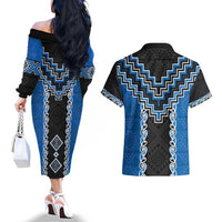Blue Niho Taniwha Mix Poutama Couples Matching Off The Shoulder Long Sleeve Dress and Hawaiian Shirt Unique Taniko Aotearoa LT01 - Polynesian Pride