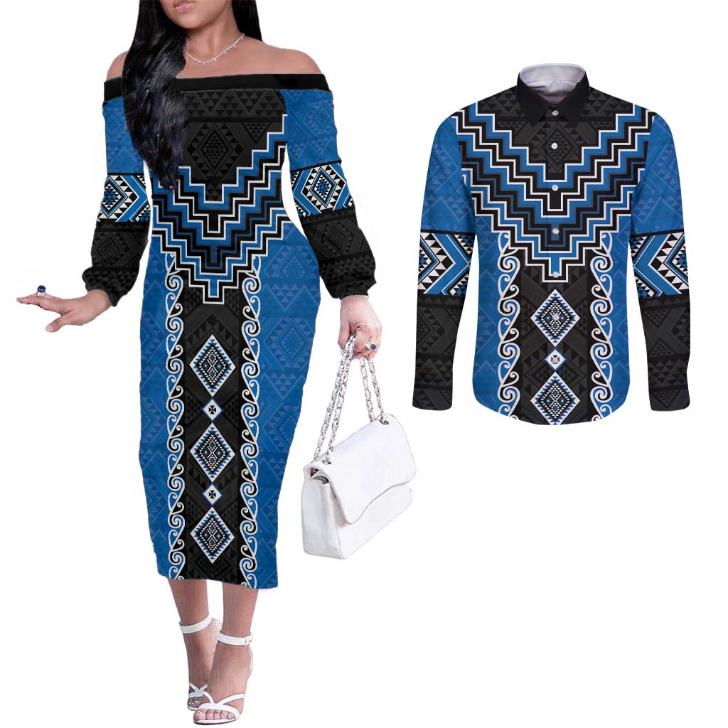 Blue Niho Taniwha Mix Poutama Couples Matching Off The Shoulder Long Sleeve Dress and Long Sleeve Button Shirt Unique Taniko Aotearoa LT01 Blue - Polynesian Pride