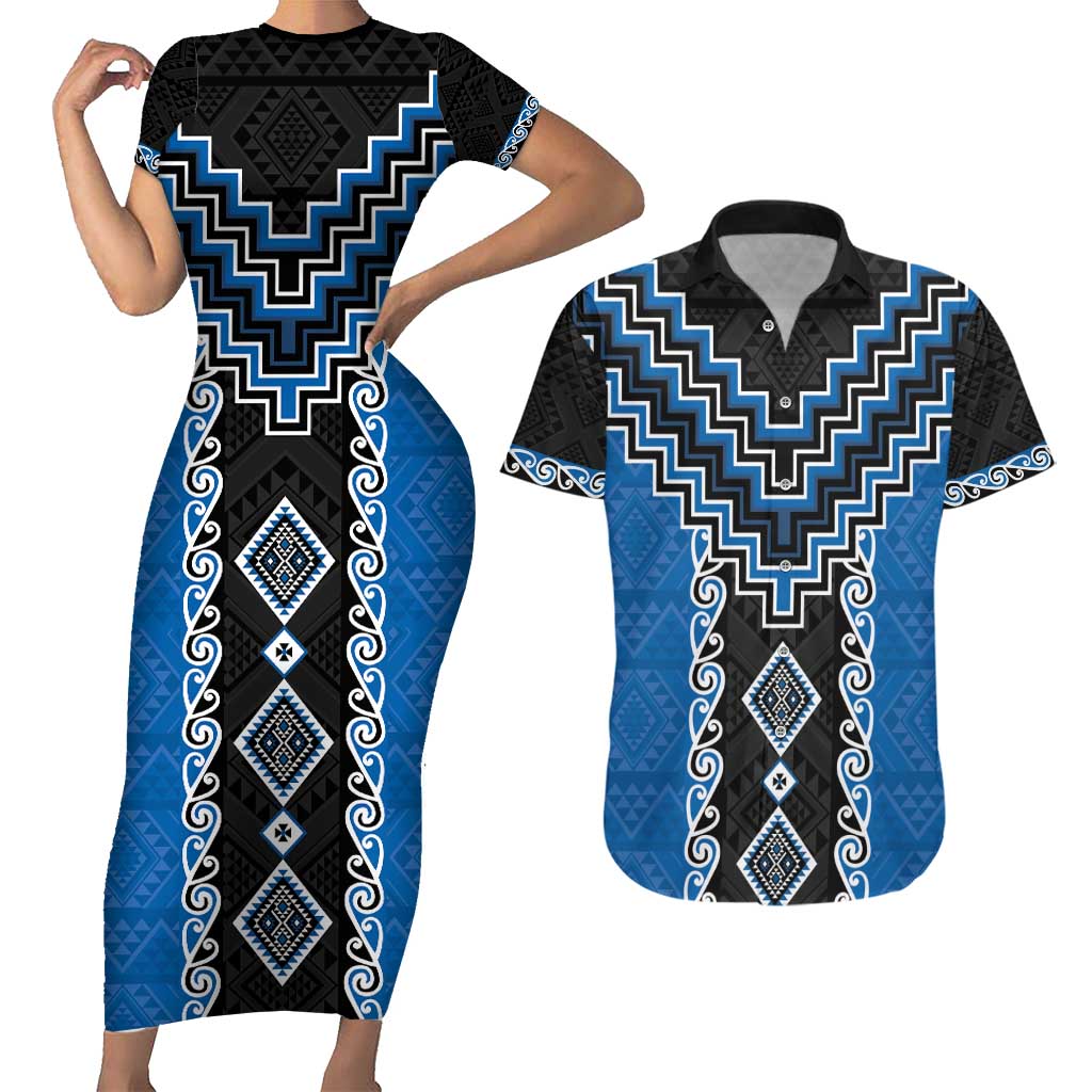 Blue Niho Taniwha Mix Poutama Couples Matching Short Sleeve Bodycon Dress and Hawaiian Shirt Unique Taniko Aotearoa LT01 Blue - Polynesian Pride
