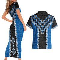 Blue Niho Taniwha Mix Poutama Couples Matching Short Sleeve Bodycon Dress and Hawaiian Shirt Unique Taniko Aotearoa LT01 - Polynesian Pride