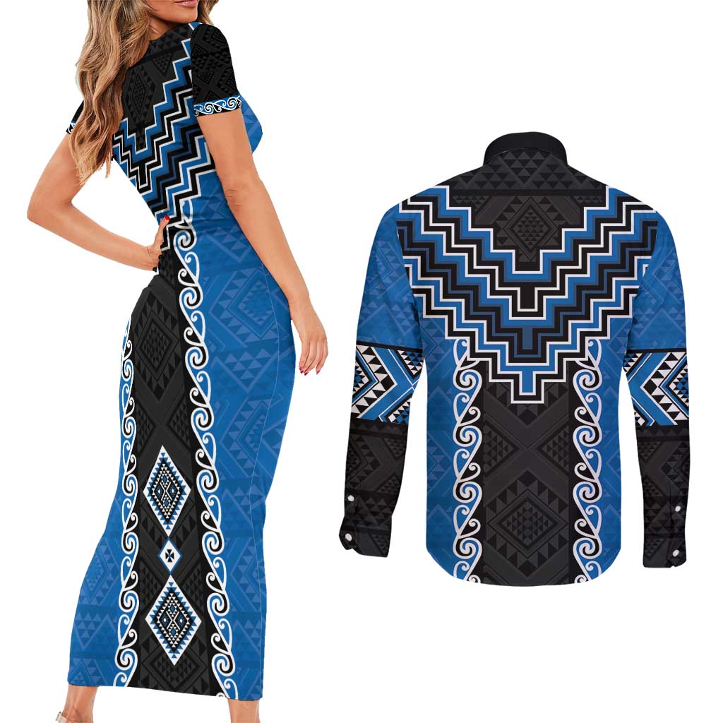 Blue Niho Taniwha Mix Poutama Couples Matching Short Sleeve Bodycon Dress and Long Sleeve Button Shirt Unique Taniko Aotearoa LT01 - Polynesian Pride