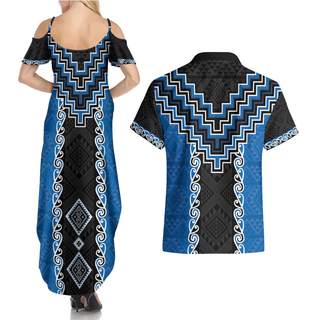Blue Niho Taniwha Mix Poutama Couples Matching Summer Maxi Dress and Hawaiian Shirt Unique Taniko Aotearoa