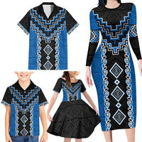 Blue Niho Taniwha Mix Poutama Family Matching Long Sleeve Bodycon Dress and Hawaiian Shirt Unique Taniko Aotearoa LT01 - Polynesian Pride