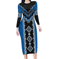 Blue Niho Taniwha Mix Poutama Family Matching Long Sleeve Bodycon Dress and Hawaiian Shirt Unique Taniko Aotearoa LT01 Mom's Dress Blue - Polynesian Pride