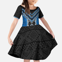 Blue Niho Taniwha Mix Poutama Family Matching Mermaid Dress and Hawaiian Shirt Unique Taniko Aotearoa LT01 Daughter's Dress Blue - Polynesian Pride